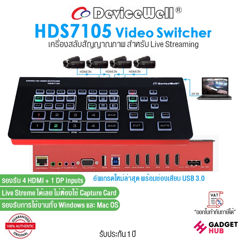 DeviceWell HDS7105 (เวอร์ชั่นล่าสุด) Video Switcher 5-CH Video Switcher HDMI x4 I DP x1 I USB 3.0