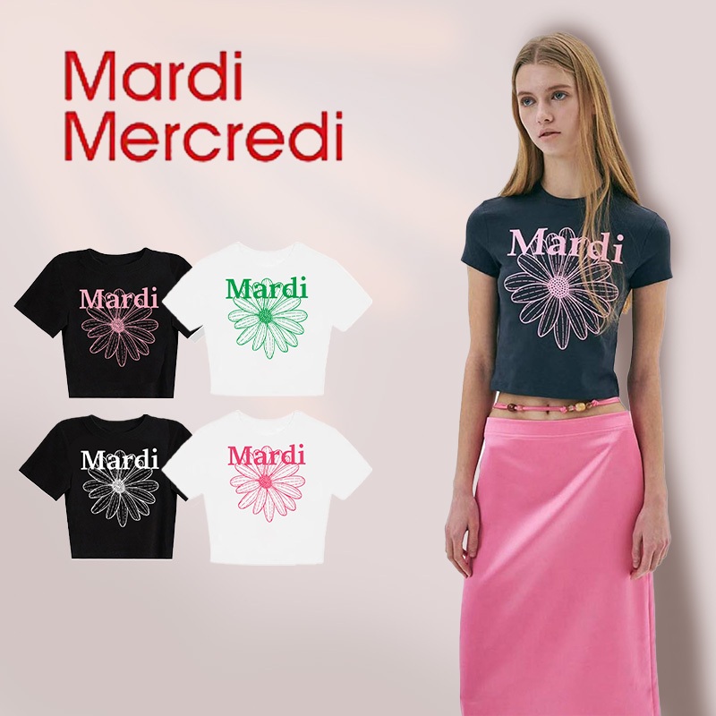 【ของแท้ 100%】เสื้อครอปทรงสลิมฟิต Mardi Mercredi พิมพ์ลาย FLOWERMARDI คอกลม มีให้เลือก 4 สี!  ข้อเสนอมีเวลาจำกัด