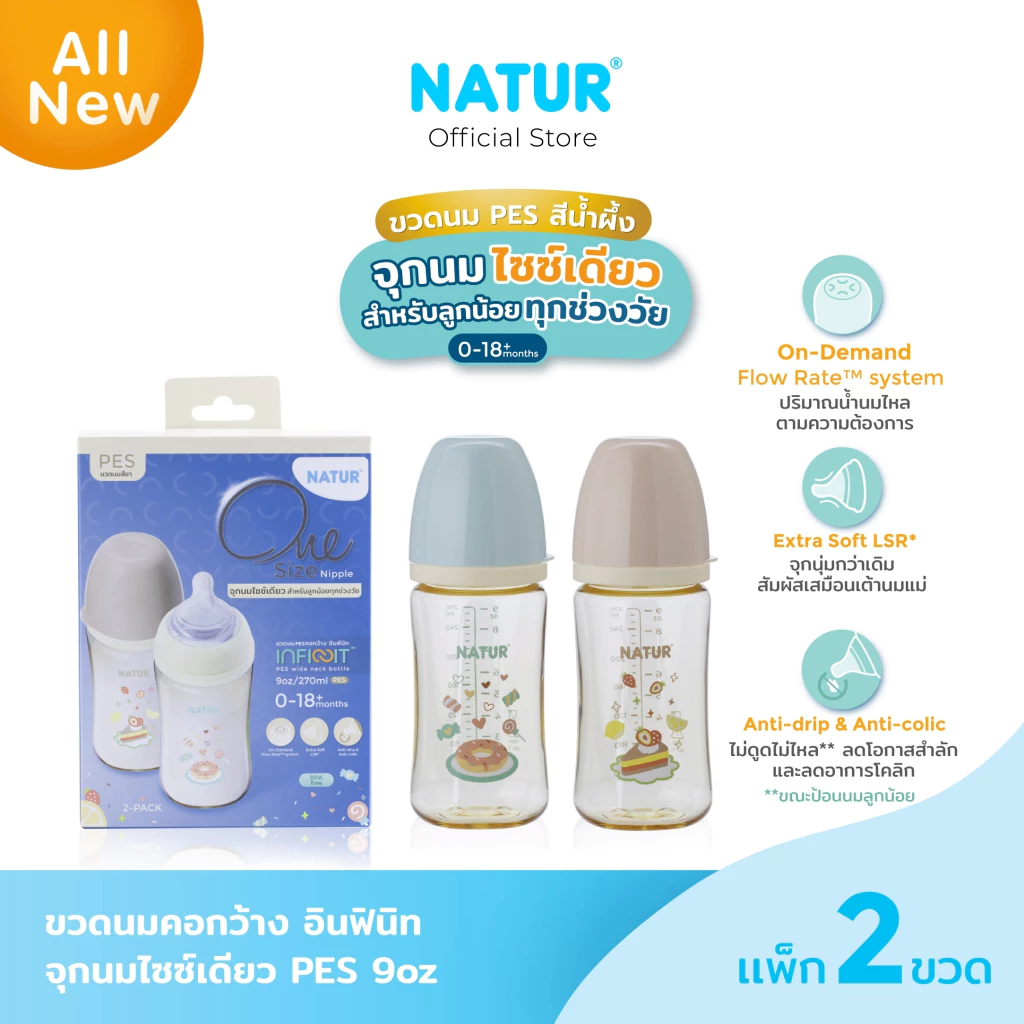 [NEW] NATUR เนเจอร์ INFINIT ขวดนม ขวดนมคอกว้าง อินฟินิท PES 9oz ลายขนมหวาน (แพ็ก 2)
