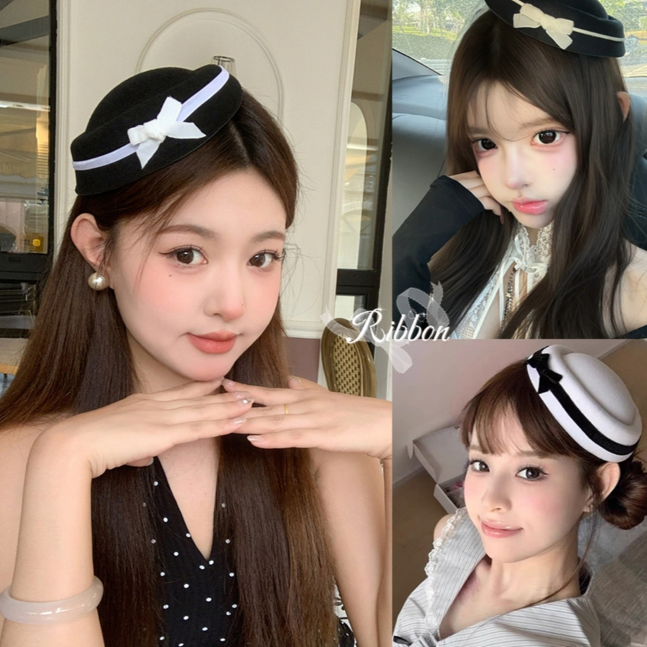 RibbonIsland หมวก หมวกวินเทจ y2k สไตล์เกาหลี cosplay ผู้หญิง สไตล์วินเทจ สวย คุณภาพสูง มินิมอล สำหรับผู้หญิง สีดํา