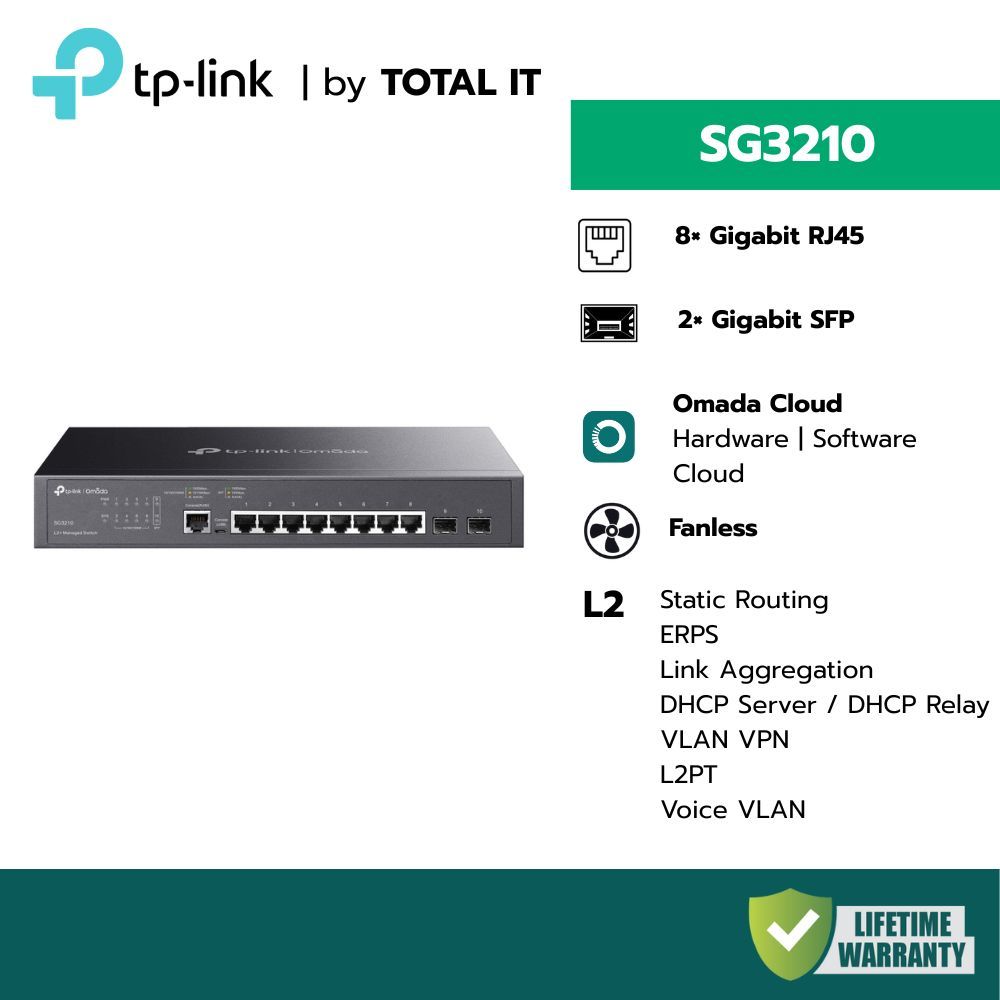 (พร้อมส่ง) TP-LINK SG3210 สวิตช์ 8 พอร์ต Gigabit L2+ Managed (Fanless) รองรับ VLAN ประกันศูนย์