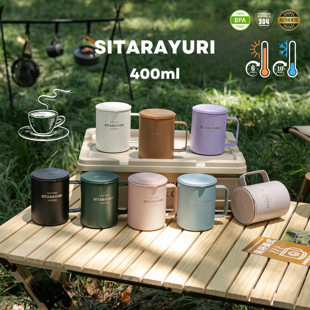 SITARAYURI แก้วกาแฟร้อน 400ml ฝาสูญญากาศแบบเลื่อนเปิดจิบดื่ม สแตนเลส 304 เหมาะสำหรับใส่กาแฟหรือเครื่องร้อนอื่นๆ