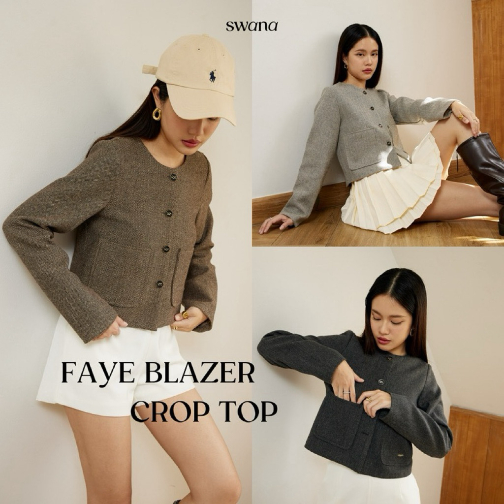 ” Faye blazer crop top “ (S-4XL) 🌼🤍 เสื้อครอปเบเซอร์ - swana.ss