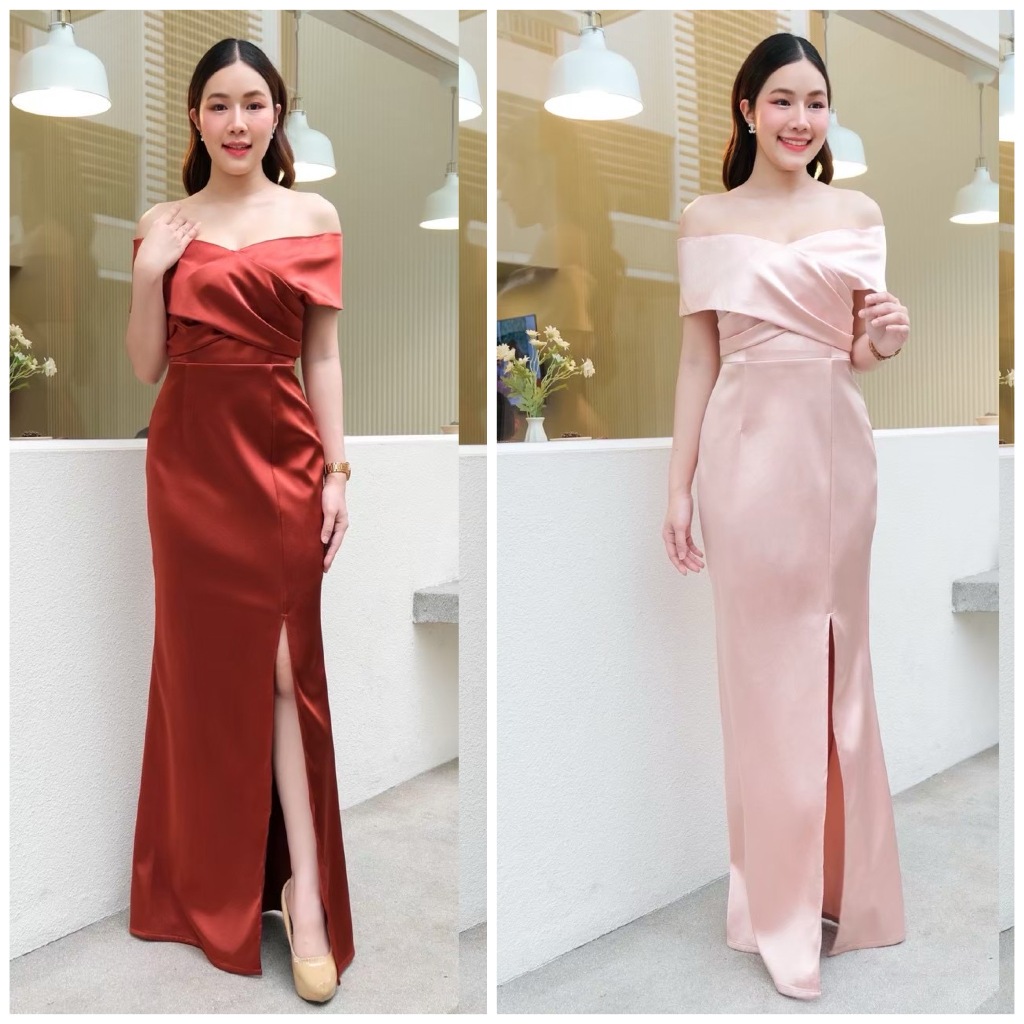 FN0166-5  เปิดบ่าพรางแขน ทรงไขว้อก เนื้อผ้าดัชเชสอัดกาว ชุดไปงานแต่ง ชุดออกงาน เดรสเพื่อนเจ้าสาว [LUXURY707]
