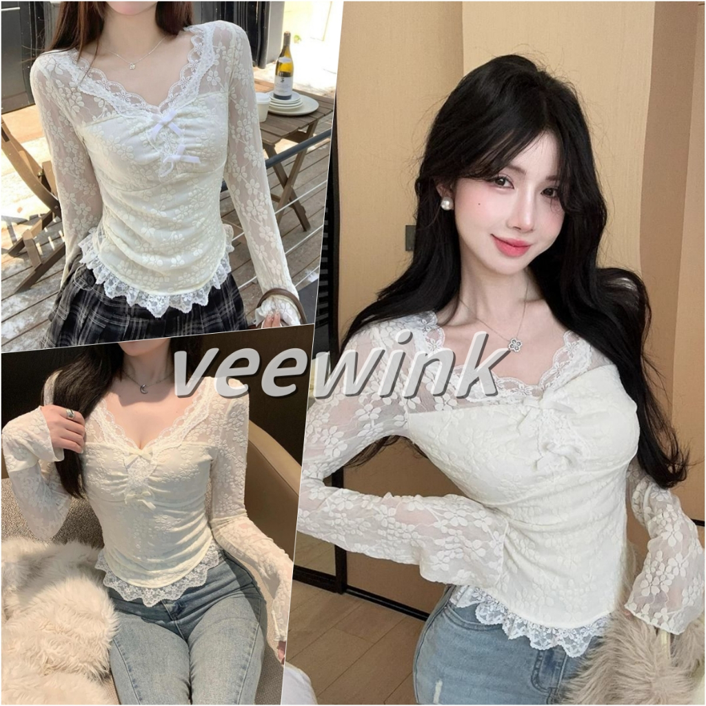 Veewink พร้อมส่งจากกทม เสื้อแขนยาวคอวี ลูกไม้ผูกโบว์ ใส่กระชับตัว สีทึบ ใส่ได้ทั้งชุดในและชุดเดี่ยว ส่งฟรีทั่วประเทศ