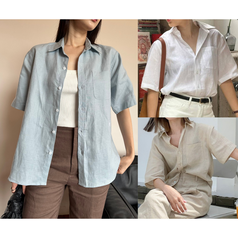 PLOWBRANDS TS0016 Linen Boyfriend shirt เสื้อเชิ้ตผ้าลินินแท้ unisex งานตัดเย็บพรีเมี่ยม มีกระเป๋าหน้าอก ดีเทลปักโลโก้