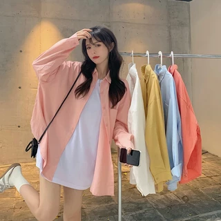 เสื้อผ้ากันแดดผู้หญิง แขนยาวหลวมๆ ทันสมัย เสื้อเชิ้ตสไตล์เกาหลี เรียบง่ายและใช้งานได้หลากหลาย สีพื้น มีกระเป๋าหน้า
