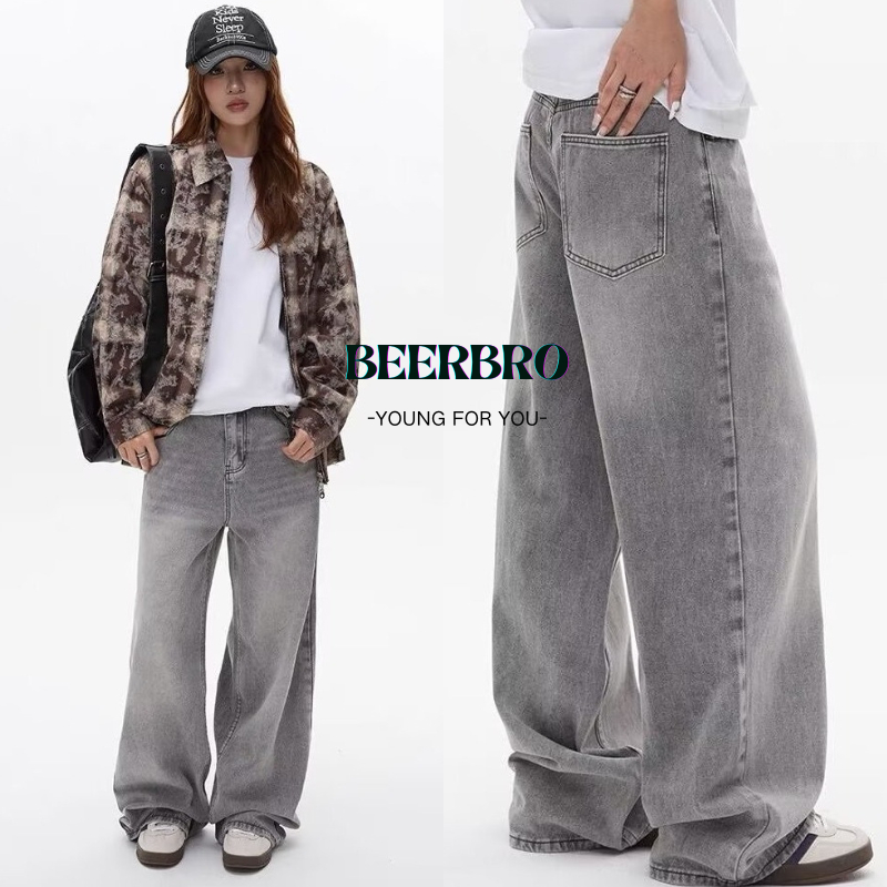 beerbroth-กางเกงยีนส์ผู้ชาย ทรงหลวม สีเทา สไตล์อเมริกันสไตล์เรโทรกระบอกใหญ่ baggy jeans
