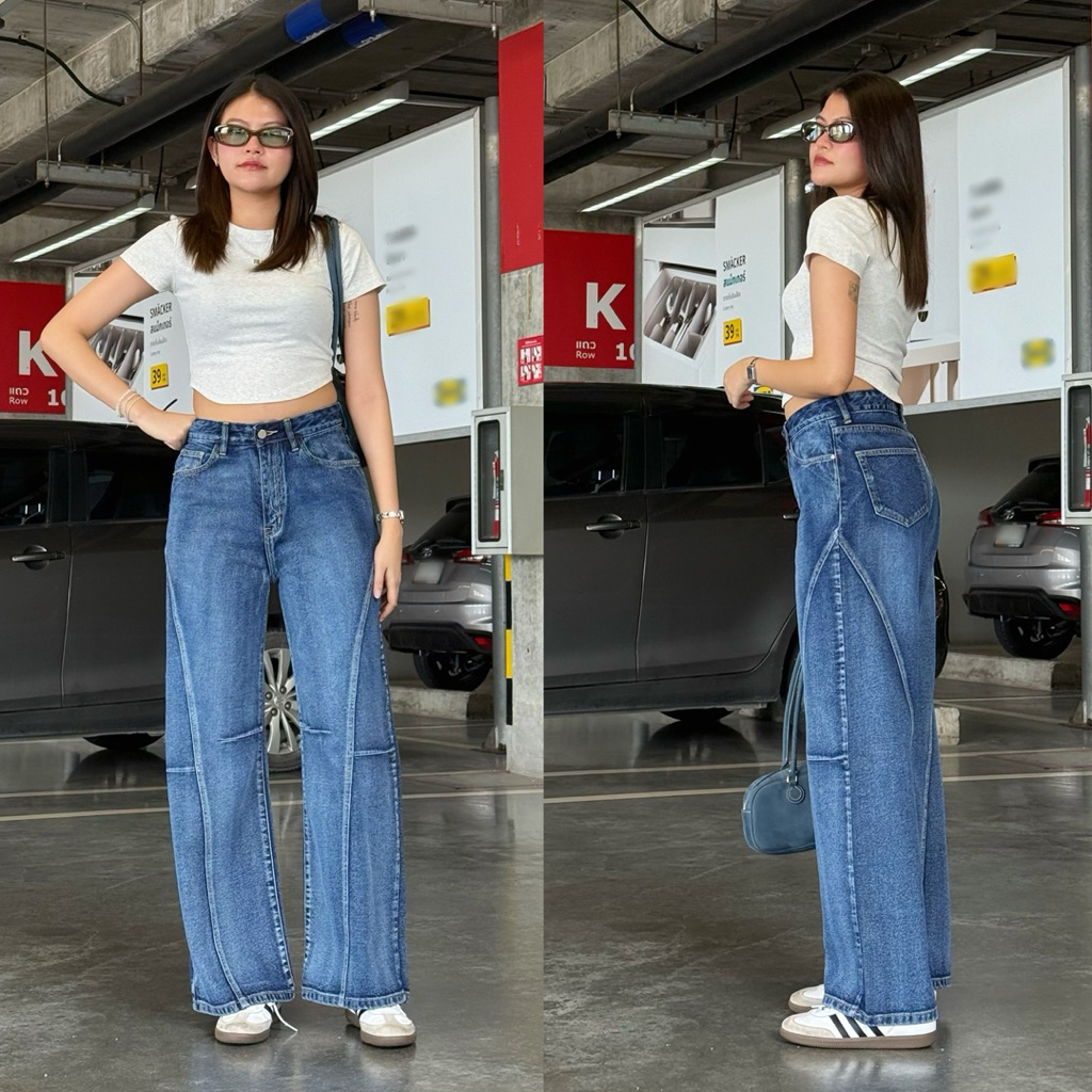 ยีนส์ sheer J009 Baggy Jeans กางเกงยีนส์กระบอกใหญ่ เอวสูงปรี๊ด ผ้าไม่ยืด
