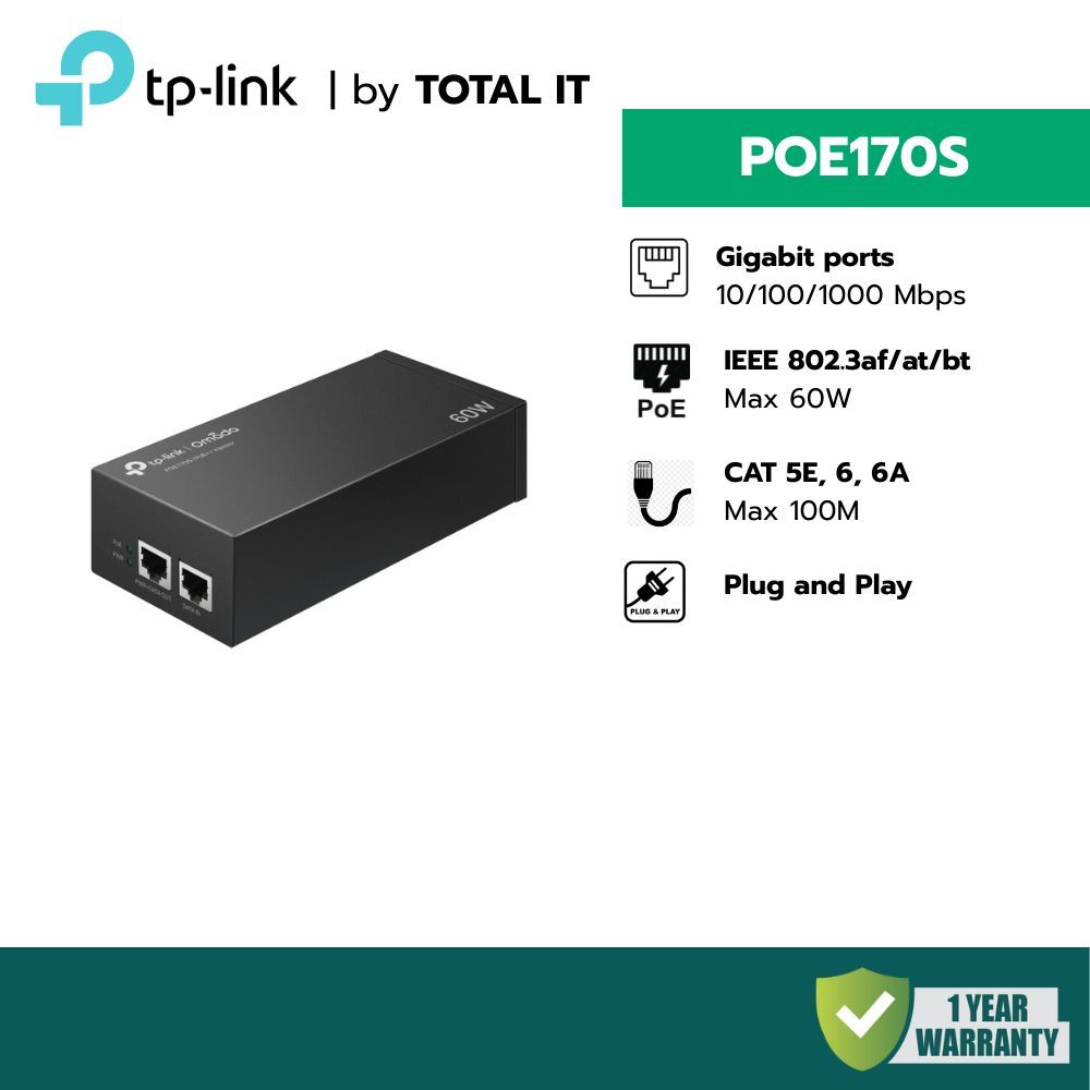 TP-Link Omada POE170S | PoE++ Injector 60W (802.3bt) | Gigabit Port ประกันศูนย์