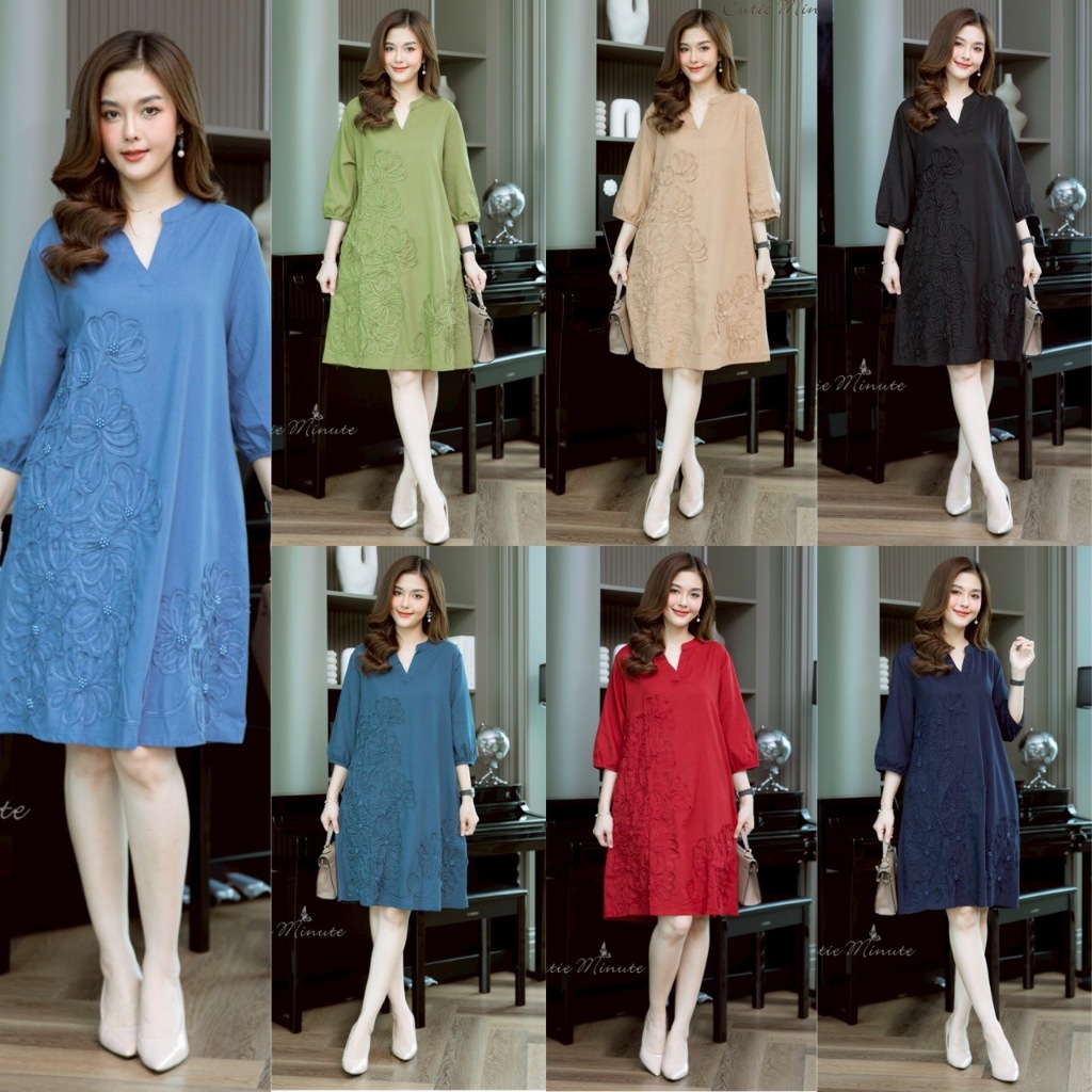 Cutie Minute ND8923 เดรสผ้าฝ้ายลินินเกาหลีเกรดพรีเมี่ยม เนื้อผ้าหนากำลังดี เดรสผ้าฝ้ายทรงเ