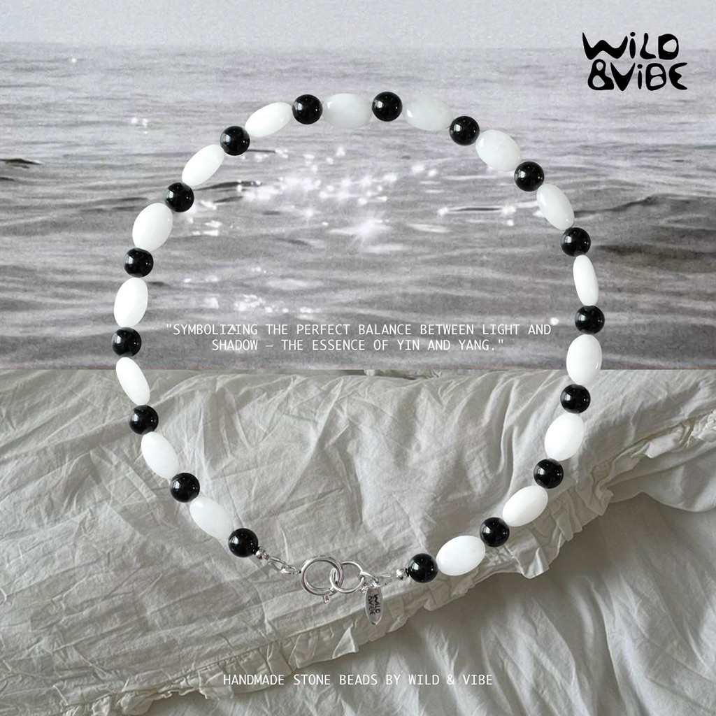 สร้อยคอหินแท้ ขาว-ดำ 40 ซม. ความหมายสมดุลหยินหยาง Handmade Necklace Yin Yang Balance