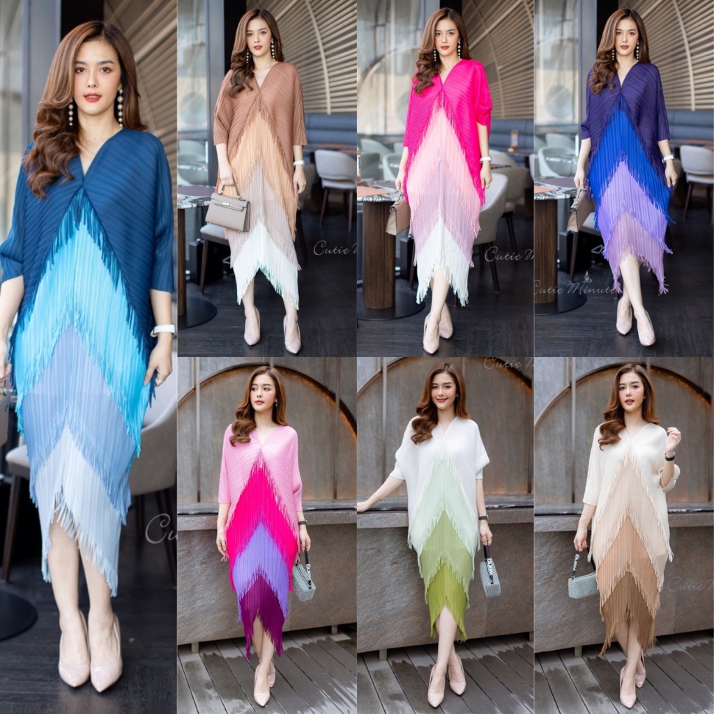 Cutie Minute PD02625 Maxiเดรสผ้าอัดพลีท Premium  งานแต่งดีเทลเก๋ๆ