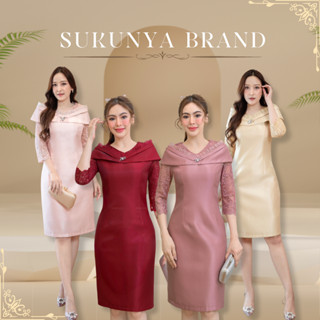 6346::ชุดเดรสผ้าไหมงานโอบไหล่