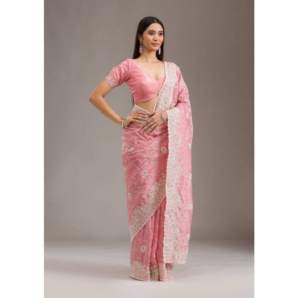 Saree Fabric Gold crunch crushy with coding seqnce work in all over saree paired with silk heavy emb