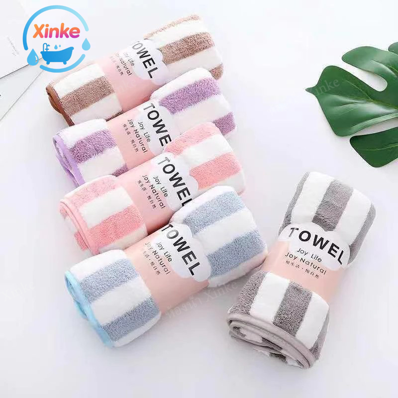 ผ้าขนหนู ขนแกะปะการัง ขนาด ผ้าเช็ดตัวลายขวาง ดูดซับน้ำได้ดีและแห้งเร็ว35x75 ซม