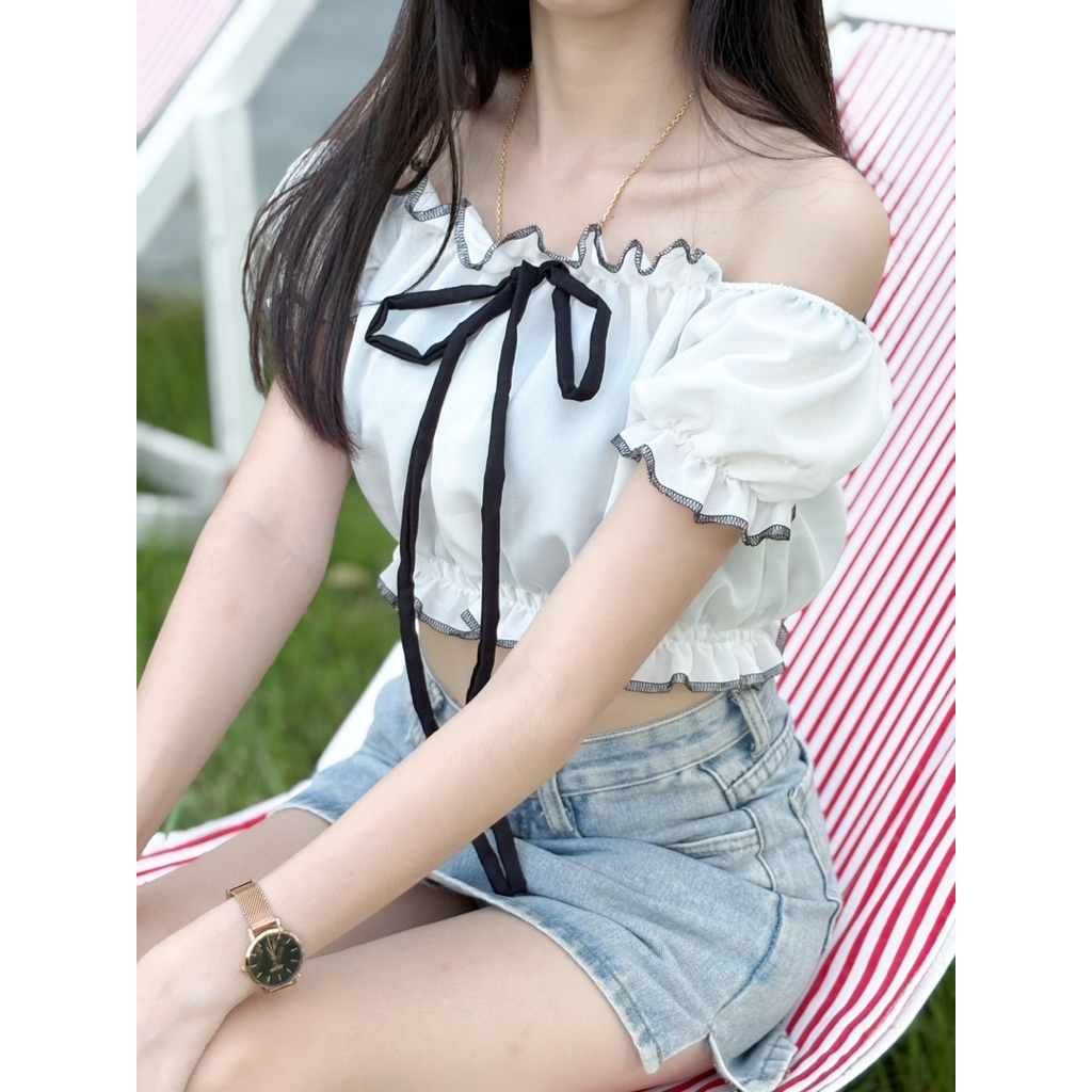 เสื้อแขนตุ๊กตา ผูกโบว์สีดำน่ารักใส่ซัมเมอร์