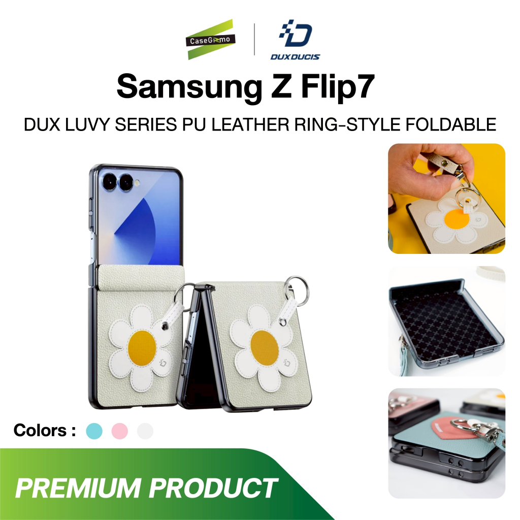 DUXDUCIS รุ่น Z Flip 7 เคสหนัง เคสกันกระแทก มีสายหิ้ว ลายน่ารัก สีครีม ชมพู ฟ้า เคส LUVY Leather Cas