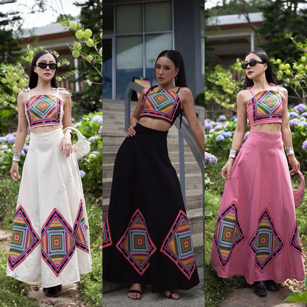 เซ็ทเสื้อสายเดี่ยวผ้าโพลี่และกระโปรงทรง6ชิ้นผ้าโพลี่เอสเตอร์พิมพ์ลายไทดำ