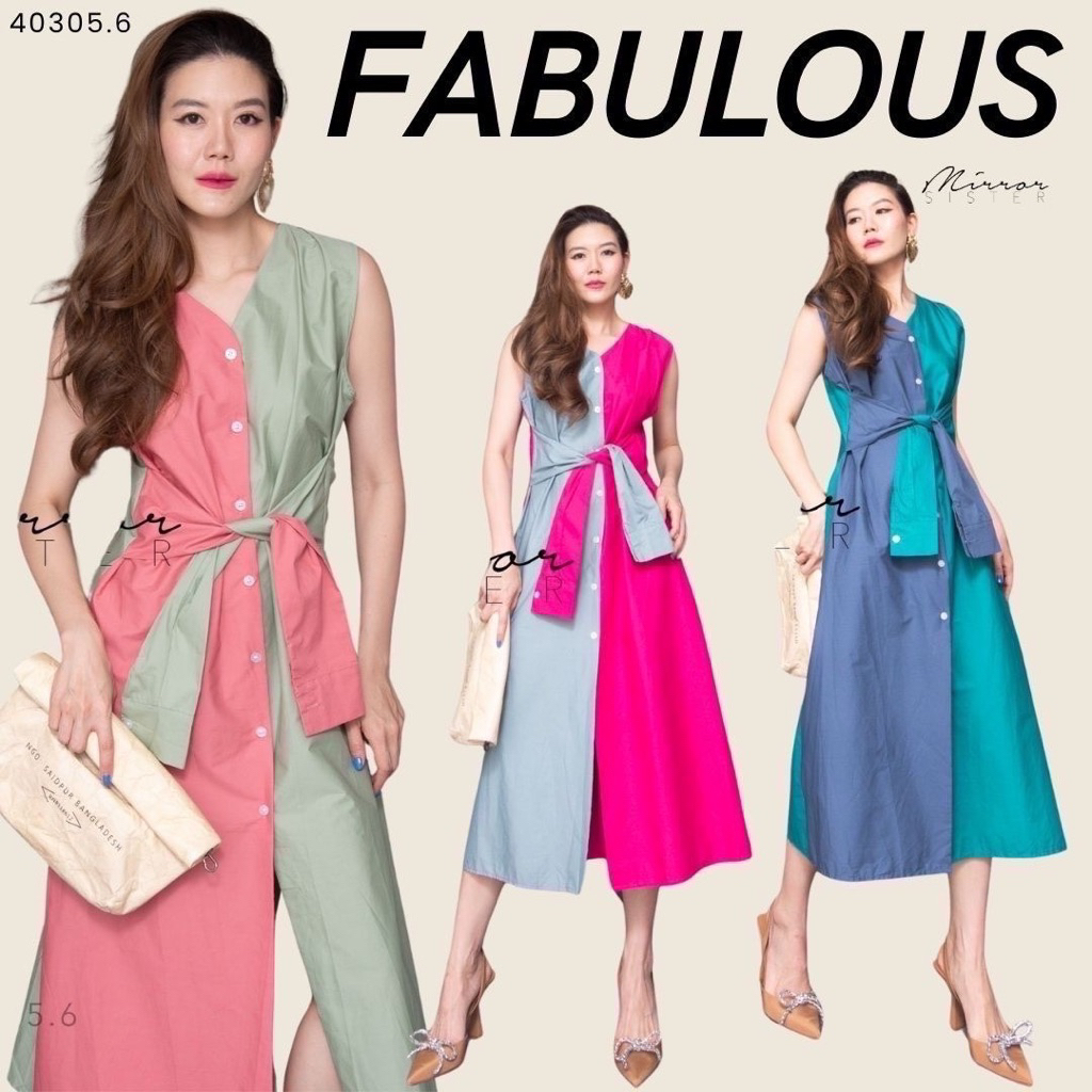 MRS | Mirrorsister🔖 40305.6 เดรสแขนกุดคอV แต่งสีตัดกัน2tones ซ้ายขวา