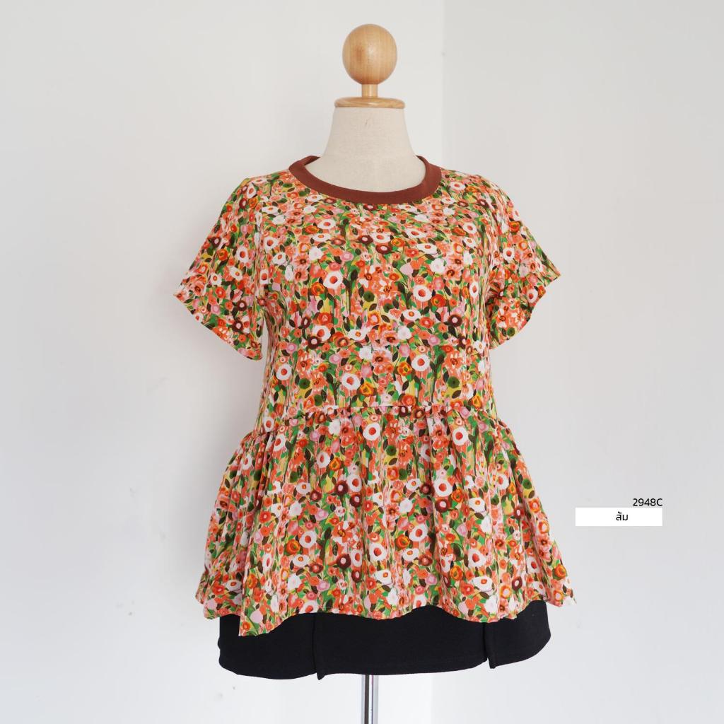 ANNNEW XL- 5XL เสื้อชายระบายผ้าไหมอิตาลี่ลายดอกไม้ภาพวาด 2948C