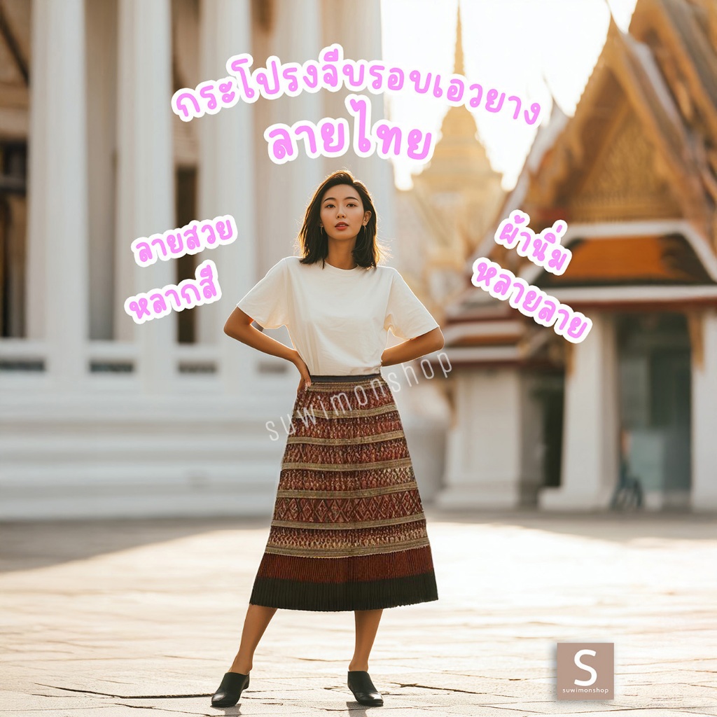 กระโปรงพลีทลายไทย เอวยาง ผ้านุ่ม ลายสวยสีสวย