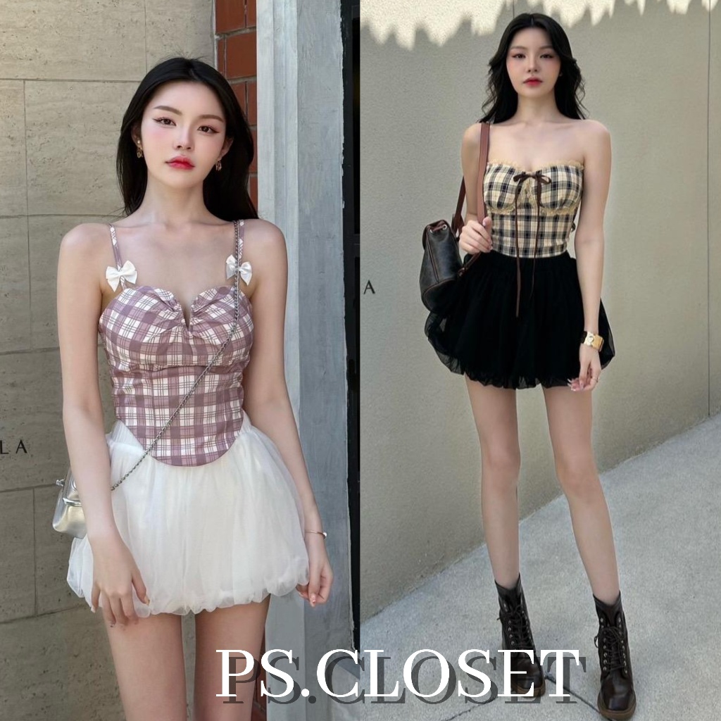 ❣️พร้อมส่ง📌 PIMALA 178 เซ็ตเสื้อเกาะอก ายตารางสลับโทนสีแต่งลูกไม้ กระโปรงทรงบอลลูน PS.CLOSET