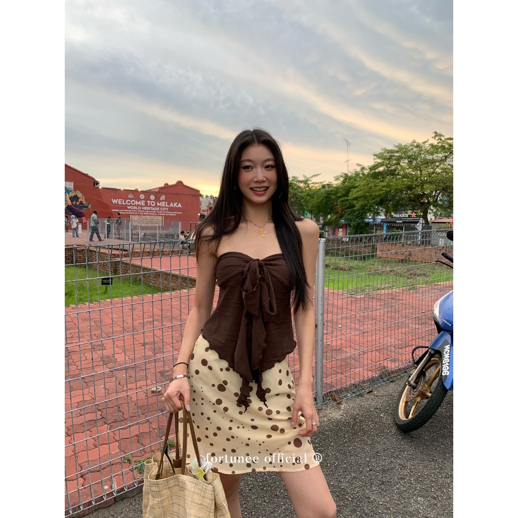 ❣Fortunee ❣เสื้อเกาะอกสีน้ำตาลดีไวน์ขอบคลื่นพร้อมสายผูกโบว์แบบลอยได้ ด้านหลังผูกเชือก สาวแซ่บ