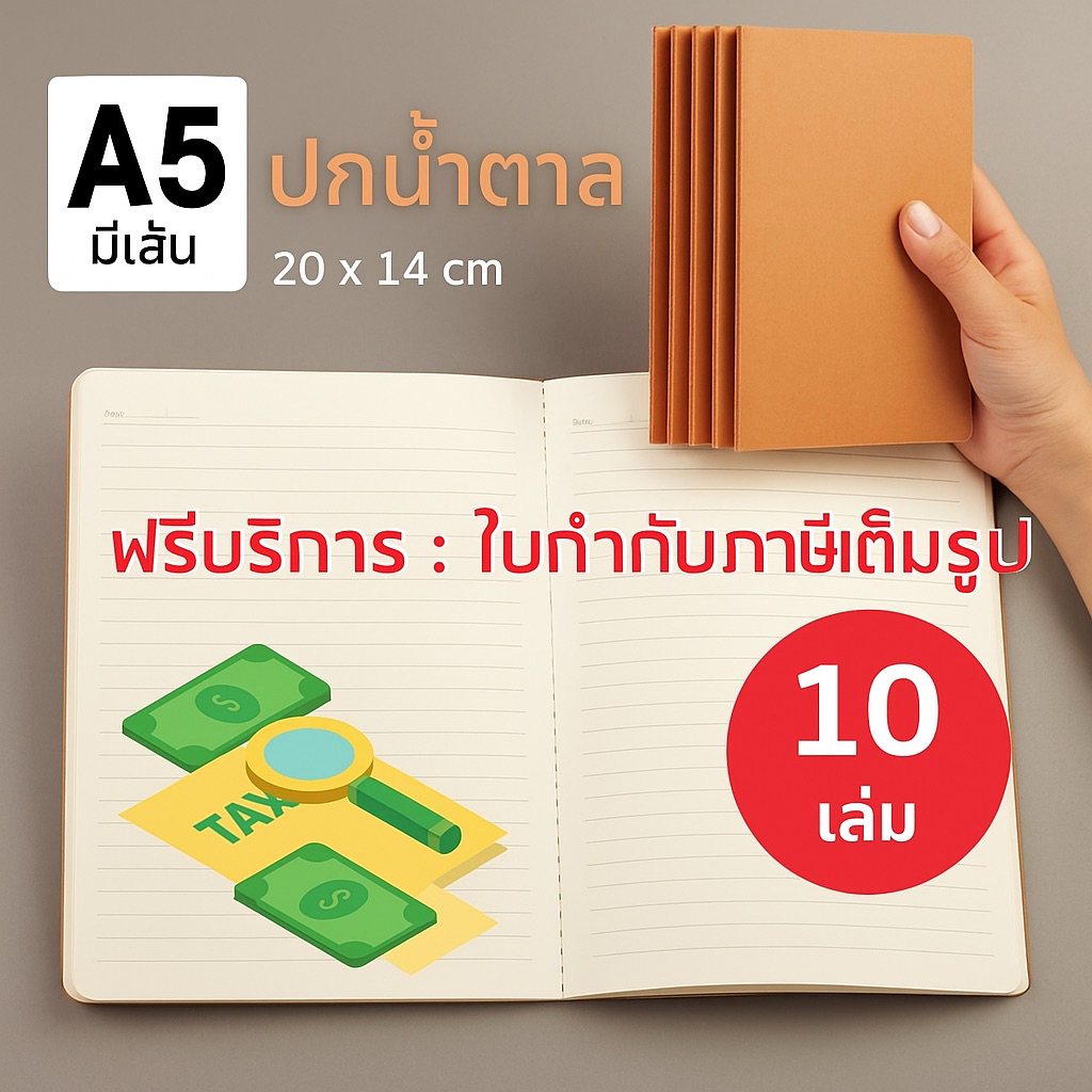 <<แพ็ค 10 เล่ม>> สมุดโน๊ต สมุดปกน้ำตาล มีเส้น A5 สมุดเรียนหนังสือ เลกเชอร์ สมุดบันทึก สมุด จัดอบรม ออกใบกำกับภาษี Etax