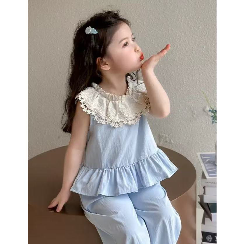 nana*8808-6*ชุดเช็ตสีฟ้าสำหรับเด็กผู้หญิง เสื้อพร้อมกางเกงขาบอ ไสต์เกาหลี - รูปที่ 6