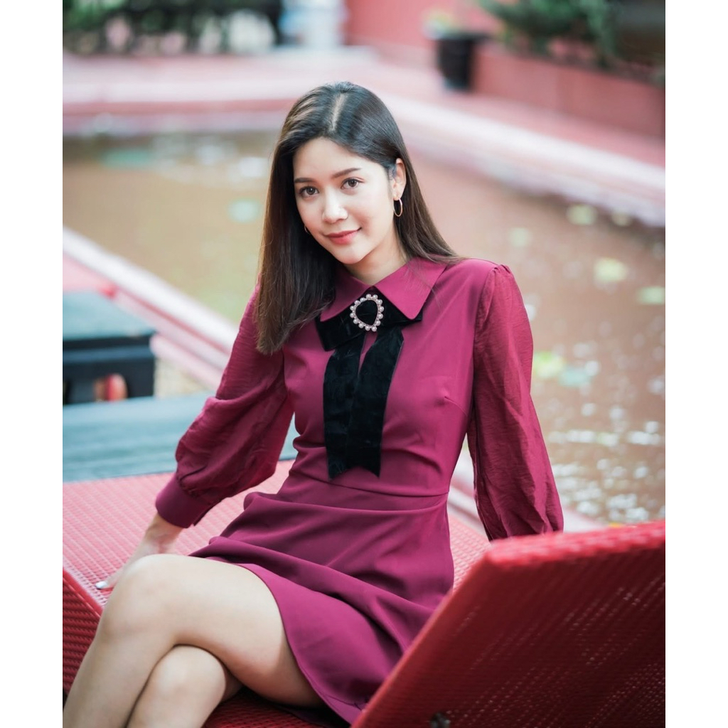 Ep fashion (2nd) : M เดรสแขนยาว ชุดออกงาน ราตรี สีแดง