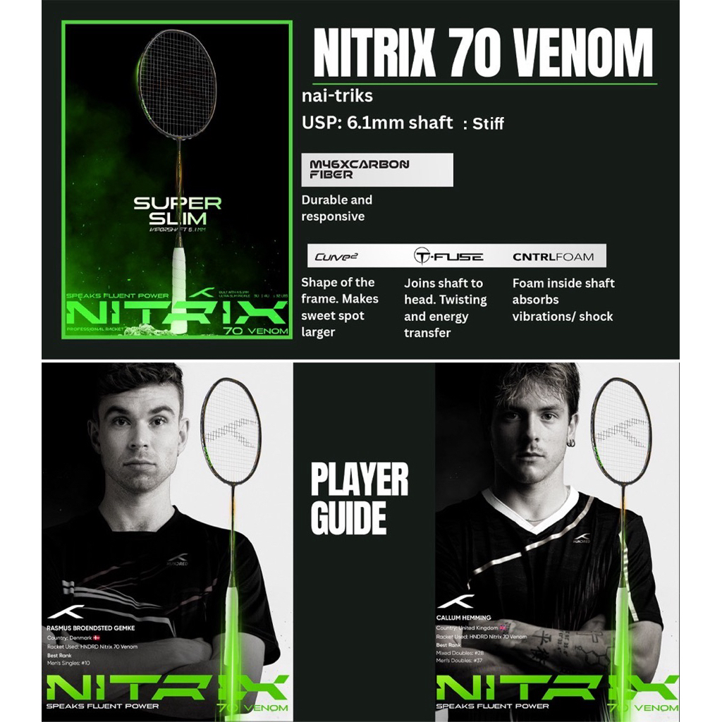 ไม้แบดมินตัน Hundred รุ่น Niteix 70 Venom / Volta(ฟรี เอ็น กริป ซอง ประกัน 6 เดือน)