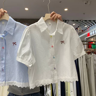 🌻Grace🌻 โบว์ปักสไตล์เกาหลีหวานๆ เสื้อเชิ้ตแขนสั้นฤดูร้อนสำหรับผู้หญิง เสื้อเชิ้ตติดกระดุมสีสันสดใส w635/99129
