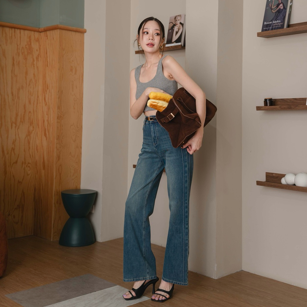 FLASHMARBLE #FM012 JEANS ผ้าเดนิมพรีเมี่ยม เนื้อนิ่ม ยืดหยุ่นดีมาก ตีเกร็ดริมคู่ช่วยพรางต้นขา S-XL