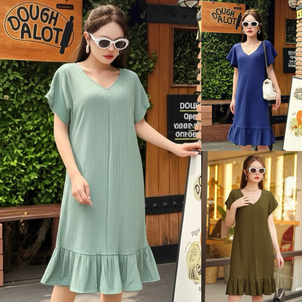 เดรสกระโปรงแขนสั้นชายระบายสีพื้น ลายทาง ผ้าท็อฟฟี่ ฟรีไซส์ อก32-44 ยาว38 นิ้ว