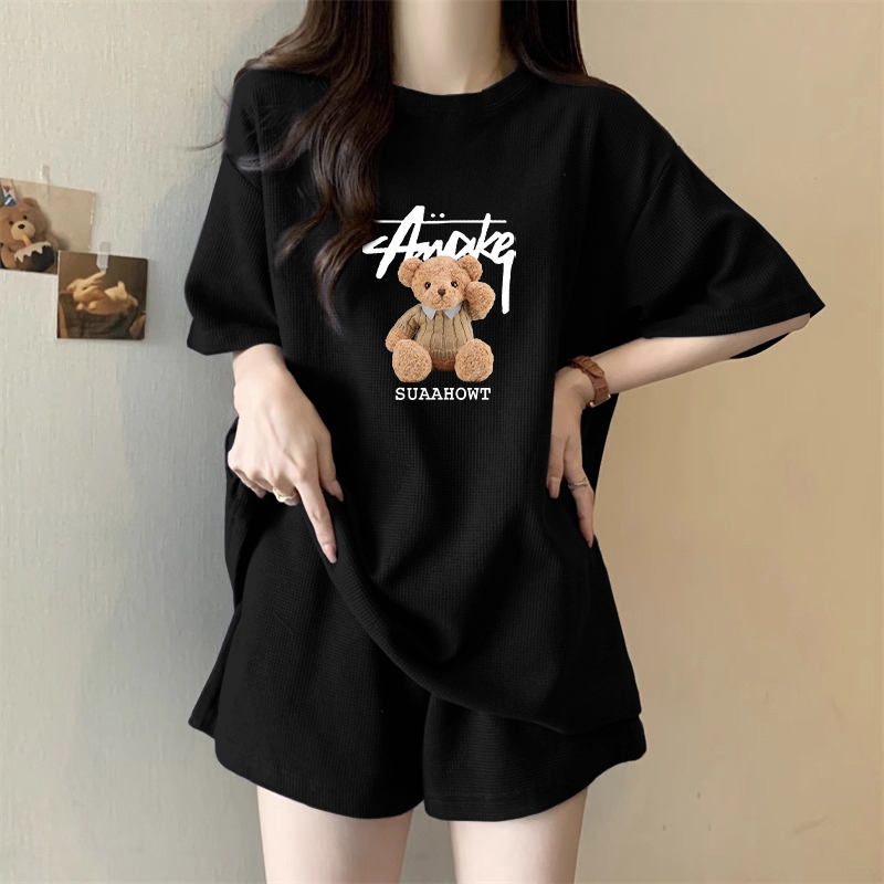 สไตล์อเมริกันเทรนด์กีฬาชุดลำลองผู้หญิงฤดูร้อนแสดงบางแฟชั่นสไตล์ต่างประเทศแขนสั้นกางเกงขาสั้นหลวม ๆ สองชิ้น