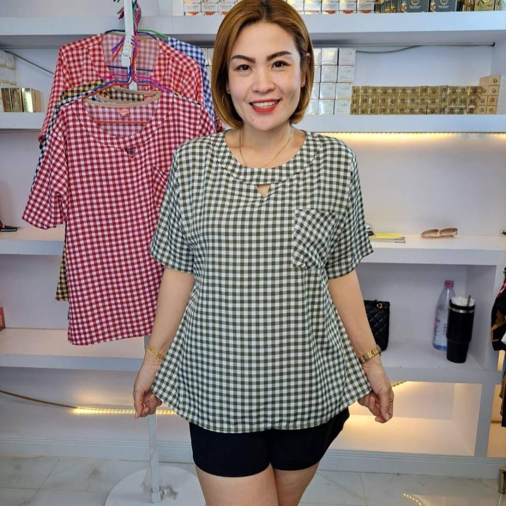 **พร้อมส่ง**ค44///เสื้อคอกลมหยดน้ำแขนสั้นลายสกอตผ้าไหมอิตาลี ฟรีไซ38-46นิ้ว ยาว25นิ้ว หน้าผ้า46นิ้ว ราคา119บาท