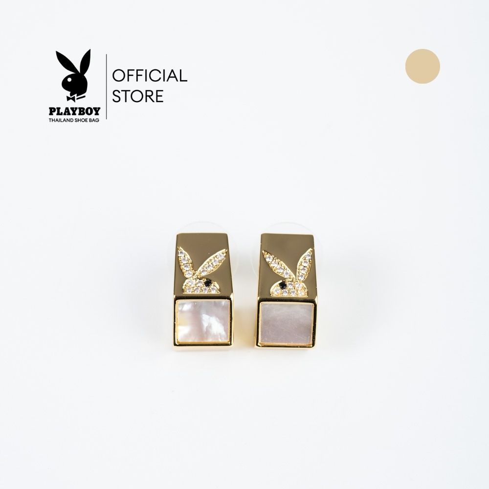 PLAYBOY ต่างหูดีไซน์ทรงเหลี่ยมลายกระต่ายฝังเพชร แต่งด้วยเปลือกหอยมุก รหัส  ST-253E357CG สีทอง