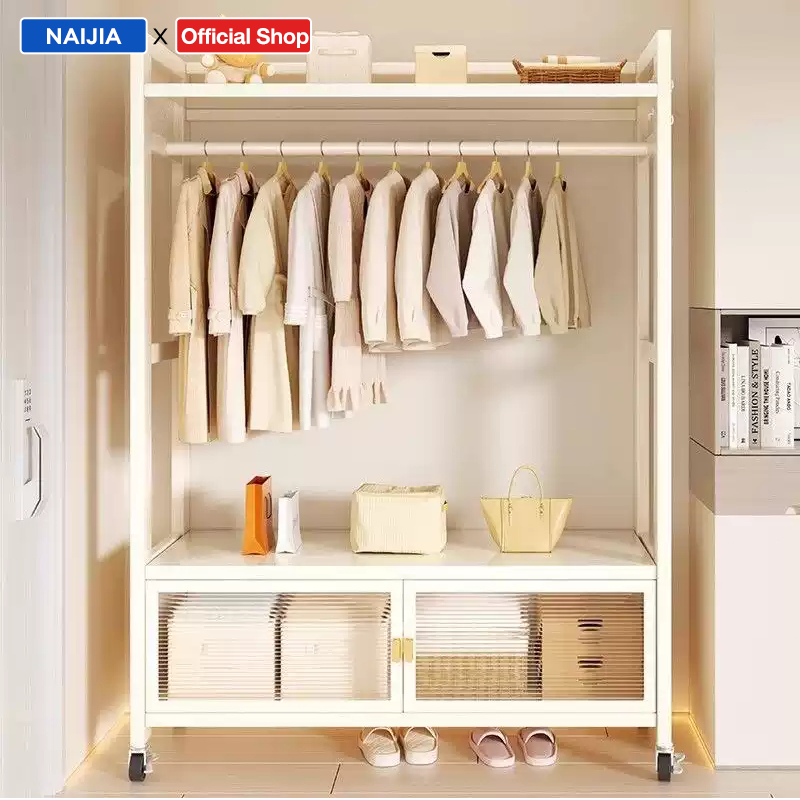 บอร์ดจัดเก็บ DIY ปรับแต่งได้ ที่แขวนหมวก ประตูตู้กันฝุ่น โครงเหล็ก ราวแขวนผ้า ราวตากผ้า พร้อมชั้นวางของด้านล่าง มีล้อเล