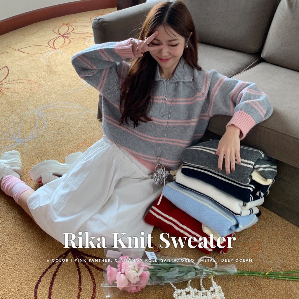 SOMEDRESS | Rika Knit Sweater เสื้อสเวตเตอร์ไหมพรมลายทาง คอปกซิป