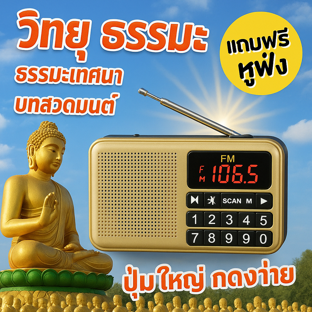 วิทยุธรรมะ ปุ่มใหญ่ ใช้งานง่าย ผู้สูงอายุก็ใช้ได้ เครื่องกะทัดรัด พกพาง่าย เหมาะสำหรับเป็นของขวัญ หรือซื้อฟังเอง