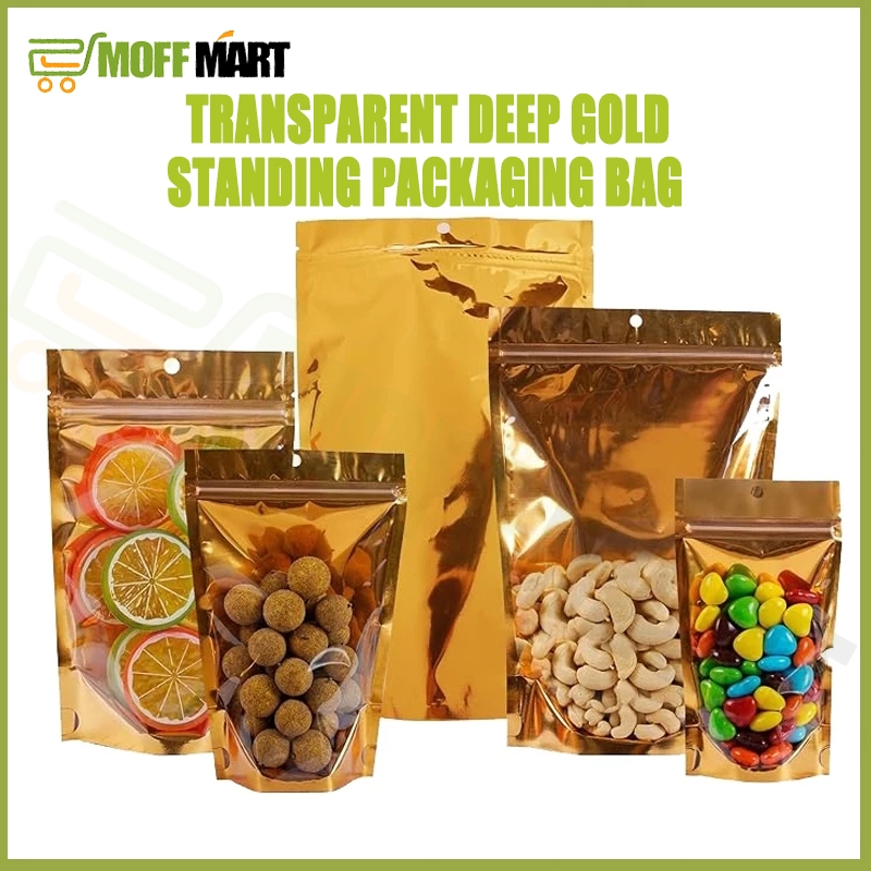 MOFF MART ถุงฟอยด์สีทอง ตั้งได้ ถุงซิป (100ใบ) ด้านหน้าใส ด้านหลังทึบ ตั้งได้ ถุงฟอยด์ ซิป ล็อค แน่น