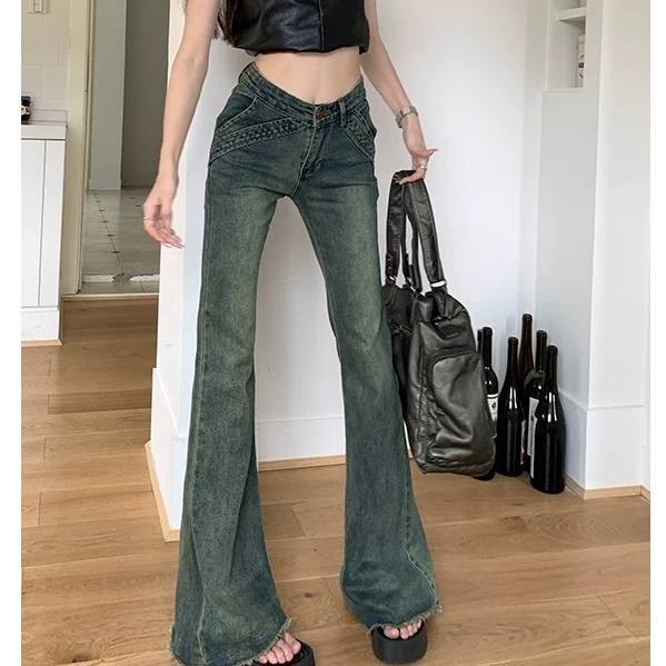 กางเกงยีนส์ขาบานขอบดิบสไตล์เรโทร สำหรับผู้หญิง เอวต่ำ สไตล์สาวฮอต ยางยืดต่อ ทรงเข้ารูป มีกระเป๋าด้านข้าง - รูปที่ 4