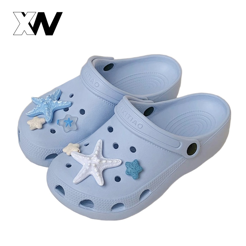 XWbrand   DIY ชุดดาวทะเลสีน้ำเงิน เปลือกหอย กับดอกไม้น่ารัก สำหรับรองเท้ารูชายหาดวันหยุด ระบายอากาศ