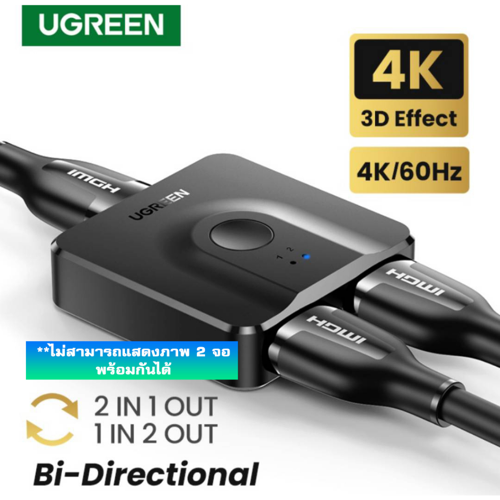 UGREEN 50966 HDMI Switch 2อุปกรณ์ to 1จอ Splitter 4K HDMI, Plug & Play for PS4, XBOX, DVD Player, TV