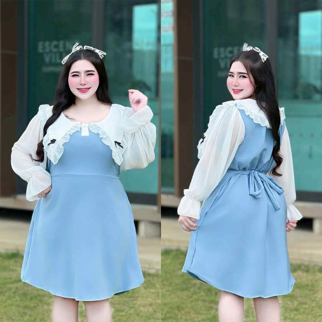 #193 เดรสเจาะสาปโปโลคอปกระบายแขนยาวชีฟอง ผ้าบาร์บี้ (มีไซส์ให้เลือก3ไซส์)