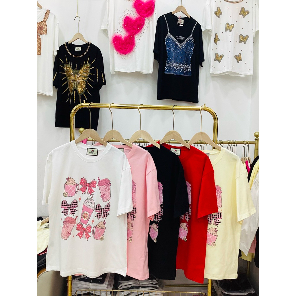 เสื้อ oversize <cafe time>ป้ายเกาหลีอะไหล่กากเพชร อก44”