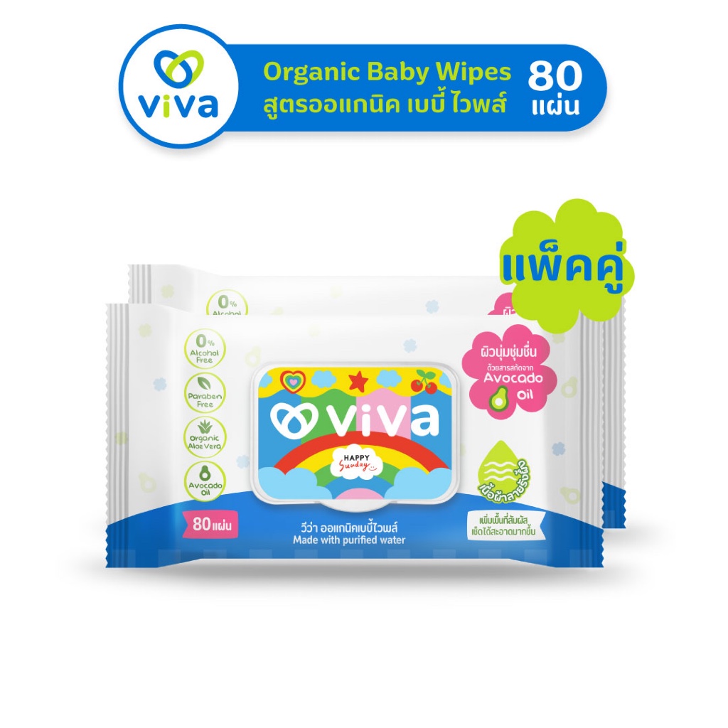ViVa x Happy Sunday วีว่า Organic Baby Wipes 80 แผ่น แพ็คคู่ 2 ชิ้น ทิชชู่เปียกสูตรออแกนิค
