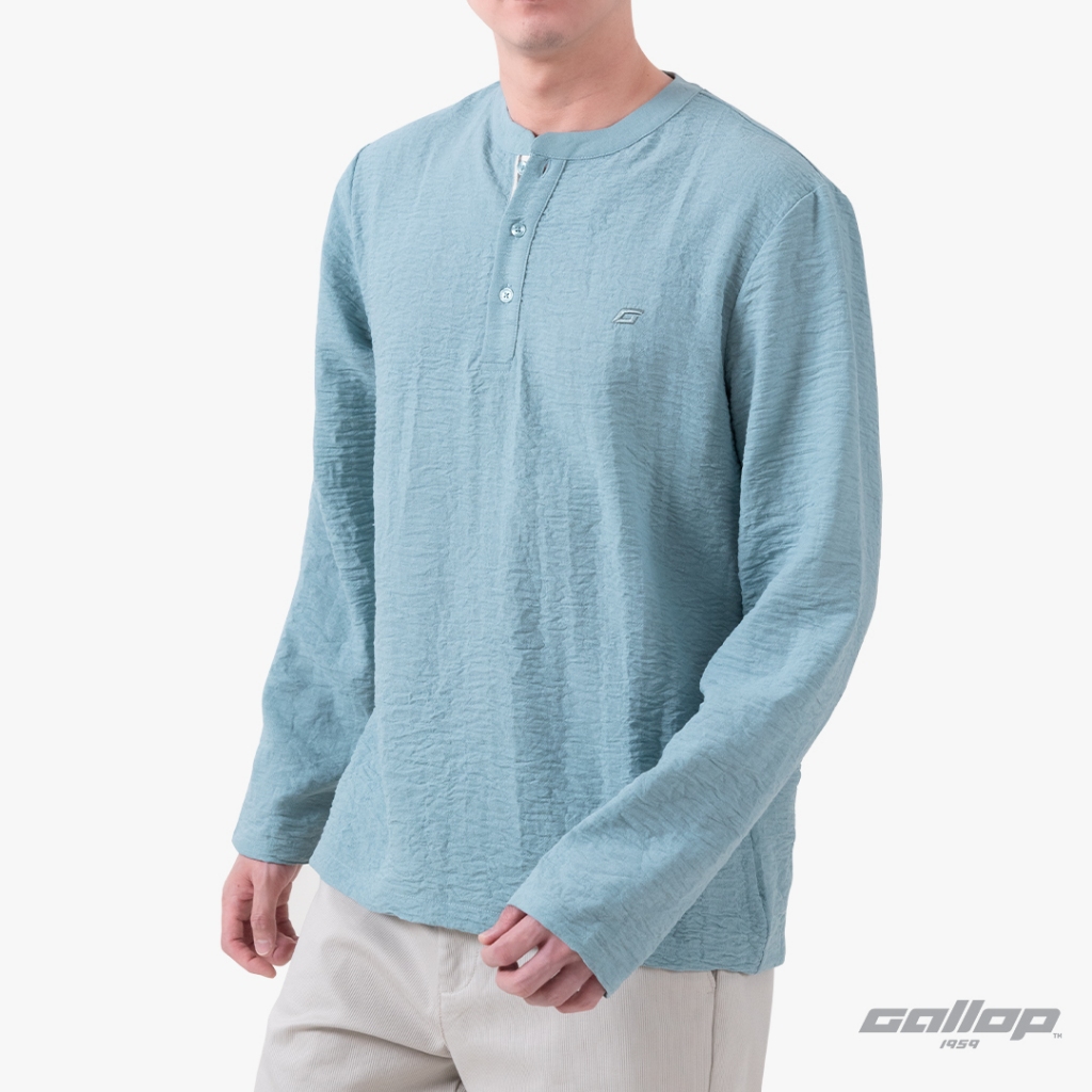 GALLOP : Linen Long Sleeve Mandarin Collar Shirt เสื้อแขนยาวคอจีนผ้าลินิน รุ่น GW9053 สี Teal Blue / ราคาปกติ 1490.-