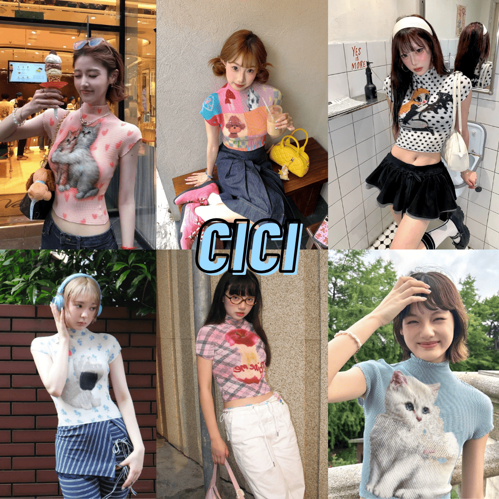 ส่งทันที Cici(J2190)เสื้อครอปคอปีนแขนสั้น ผ้าชีฟองอัดพลีท พิมพ์ลายน่ารักๆ สไตล์สาวY2K